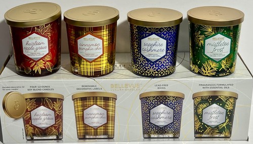 Bellevue Luxury Candle Set Soy Blend Set of 4 Two Wick 12 Oz Each. NEW