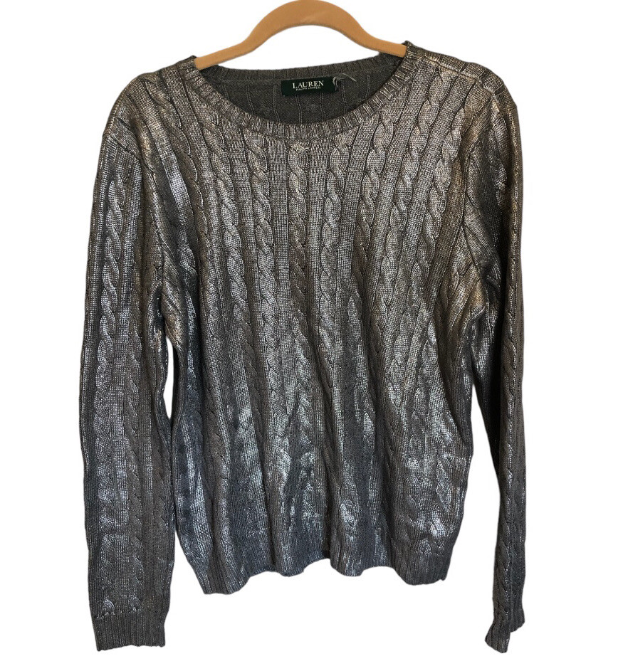 Ralph Lauren Silver Metallic Cable-Knit Sweater sz Large
