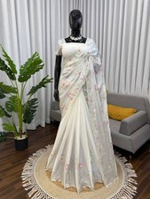 Fancy Designer Chiffon White Saree With Blouse For Wedding  Party