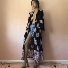 Oscar de la Renta Pink Label Size S/M Black Floral Kimono Robe Dress Vintage