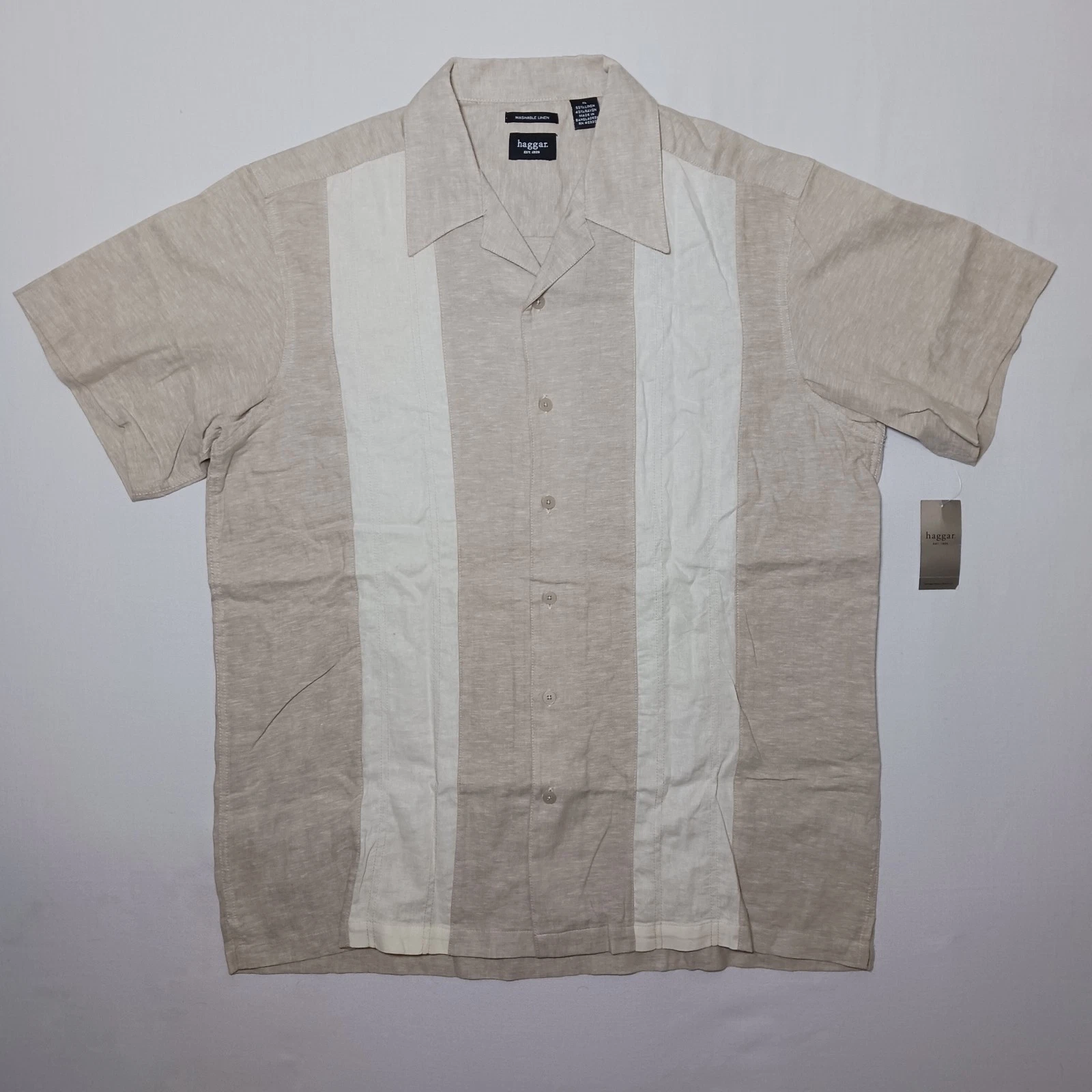 Haggar Washable Linen Blend Button Up Shirt XL Bamboo Johnny Collar NWT