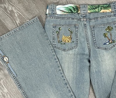 Lilu Jeans Women 7 Blue Flare Low Rise Y2K Upcycled Palm Embroidered Boho Denim