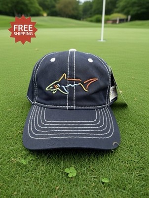 Greg Norman Navy Blue w/ Tan Stitching Embroidered Shark Logo Golf Hat Cap - NWT