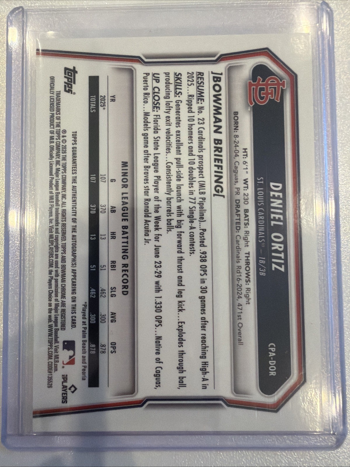 Deniel Ortiz 2026 Bowman Autograph Chrome Gold SHIMMER Refractor /50 view 2