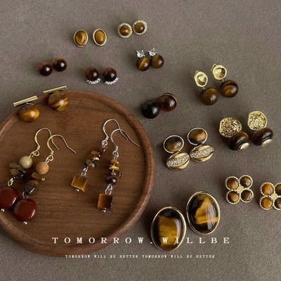 Vintage für Tigerauge Ohrringe Maillard geometrisch Handarbeit 925 Silber Ohrst