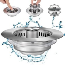 3-in-1 Kitchen Sink Drain Kit Stainless Steel Strainer Stopper  Drain Assembly