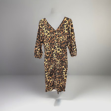 Ladies ZARA Brown Leopard Print Dress Deep V Front & Back Size L BNWOT