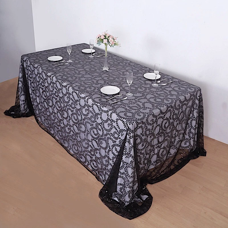 90x156" BLACK Sheer Tulle Rectangular TABLECLOTH Embroidered Sequins Party - Image 3 of 4