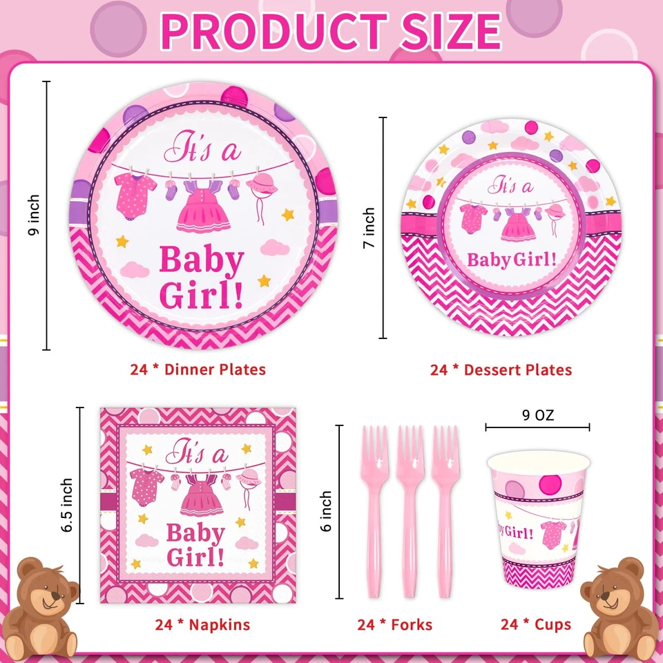 Decoraciones de baby shower rosa, es una niña platos de papel y servilletas tazas... Foto 2 de 4