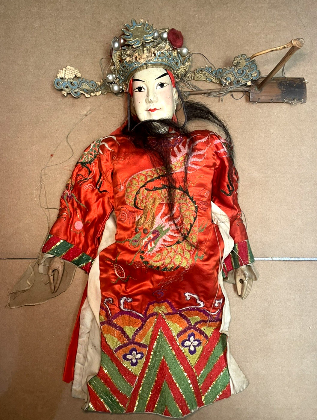 VTG Chinese Marionette Puppet Silk Robe Dragon Wood Figure As-Is
