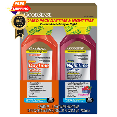 GoodSense Daytime and Nighttime Max Strength Severe Cold 12 Fl Oz, Red