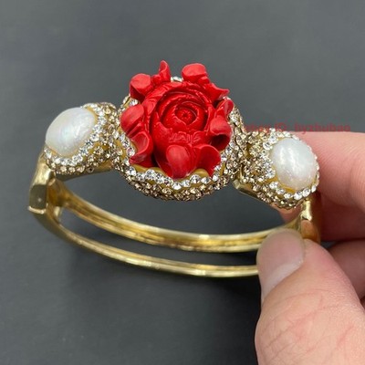 Red Shell Carved Peony Flower Agate Beads Pendant Necklace Earring Ring Bracelet