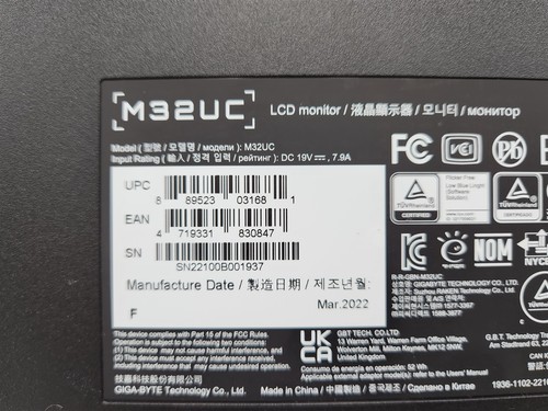 GIGABYTE M32UC 32" 4K UHD SS VA Gaming Monitor, 144Hz -NOT WORKING- - 第 4/6 張圖片