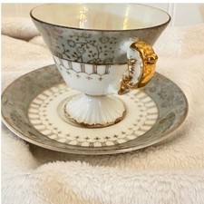 Napcoware Tea Cup Saucer Set  Blue Gold Good C-7215 Iridescent Footed Vintage