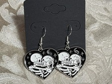 Skeleton Couple Heart Halloween Gothic Charm Silver Dangle Festival Earring Set