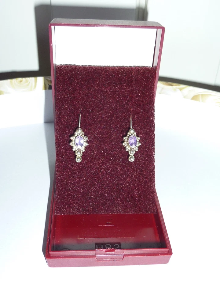 Orecchini argento 925 e ametista sfaccettata. Chiusura a monachella. Vintage - Immagine 3 di 4