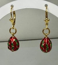 Joan Rivers Red Enamel Green Ivy Vines Earrings Gold Plated .925 Leverbacks