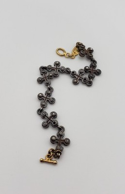 Lee Brevard 18K Yellow Gold Oxidized Silver Black Diamond Pearl Nomad Bracelet