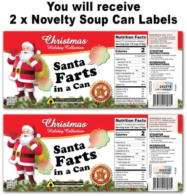2 x Funny Christmas Santa Claus Farts Soup Can Labels Stocking Stuffer Gag Gift