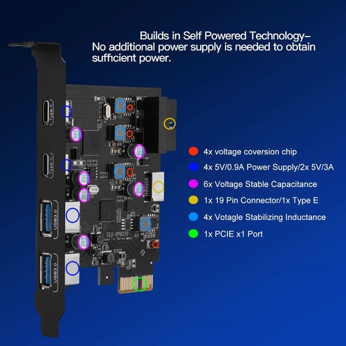 5Gbps USB PCIe Expansion Card 4-Port 2xUSB-C 2xUSB-A Plug-N-Play No Extra Driver - Picture 11 of 12