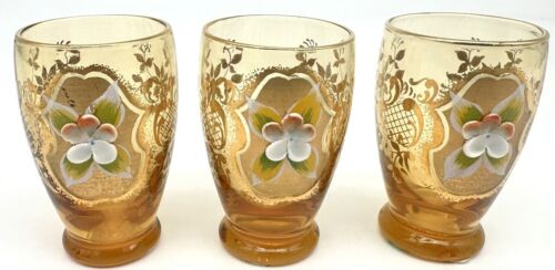 Vintage Bohemian Amber Glasses Set of 3 – Hand Painted Enamel & Gold Gilt - Picture 2 of 5
