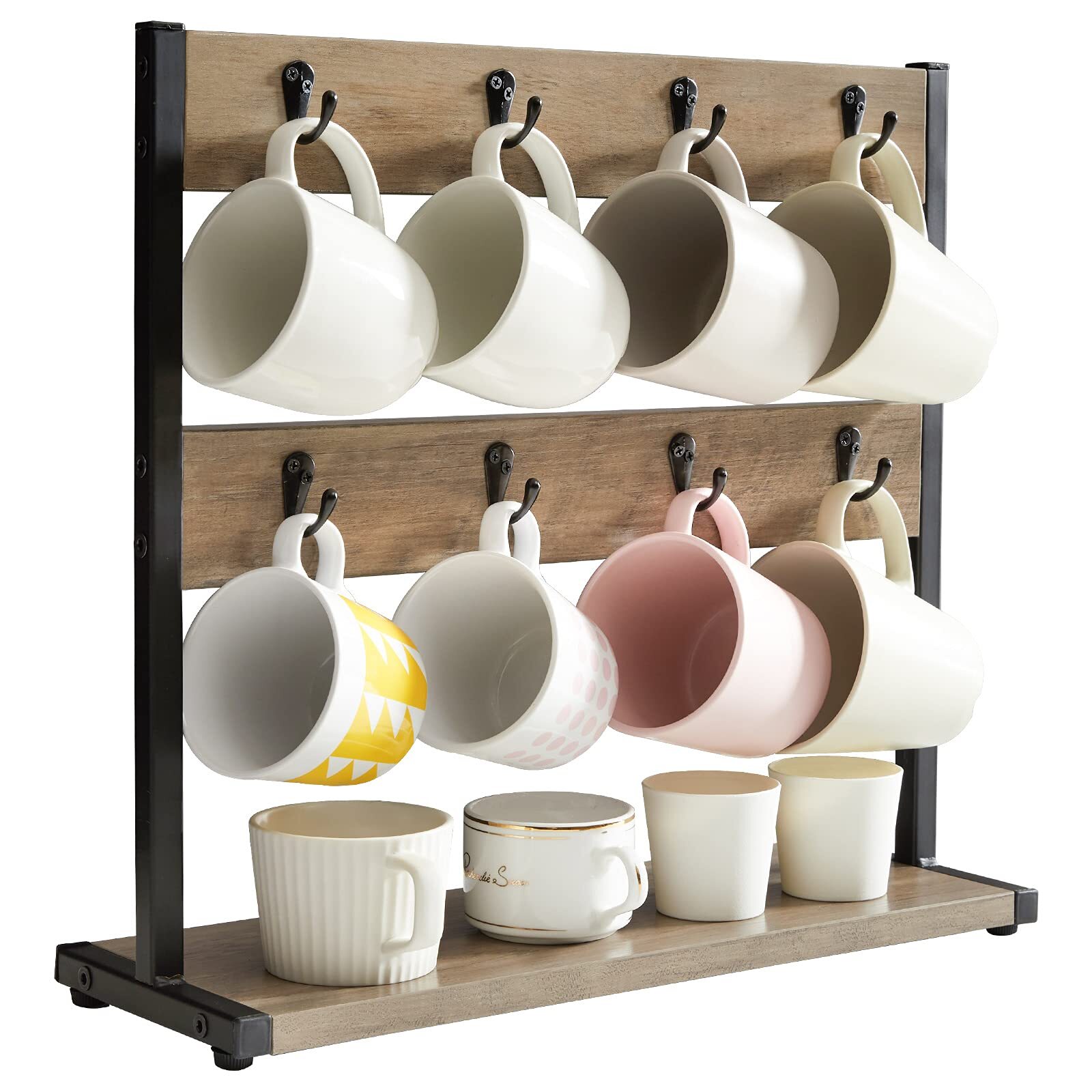 2 Tier Countertop Mug Tree Holder Rack with Storage Base, Rustic Coffee Mug H...