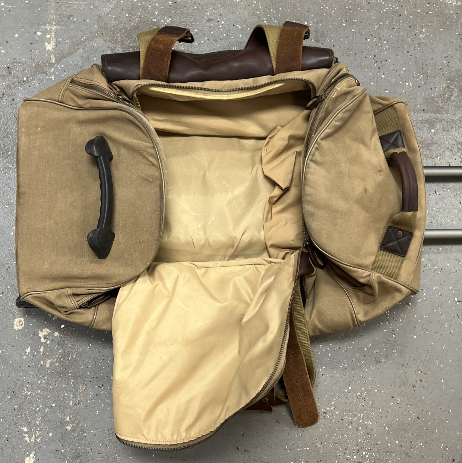 Bob Timberlake Wheeled Luggage Duffle Bag Tan canvas w/ Brown Leather