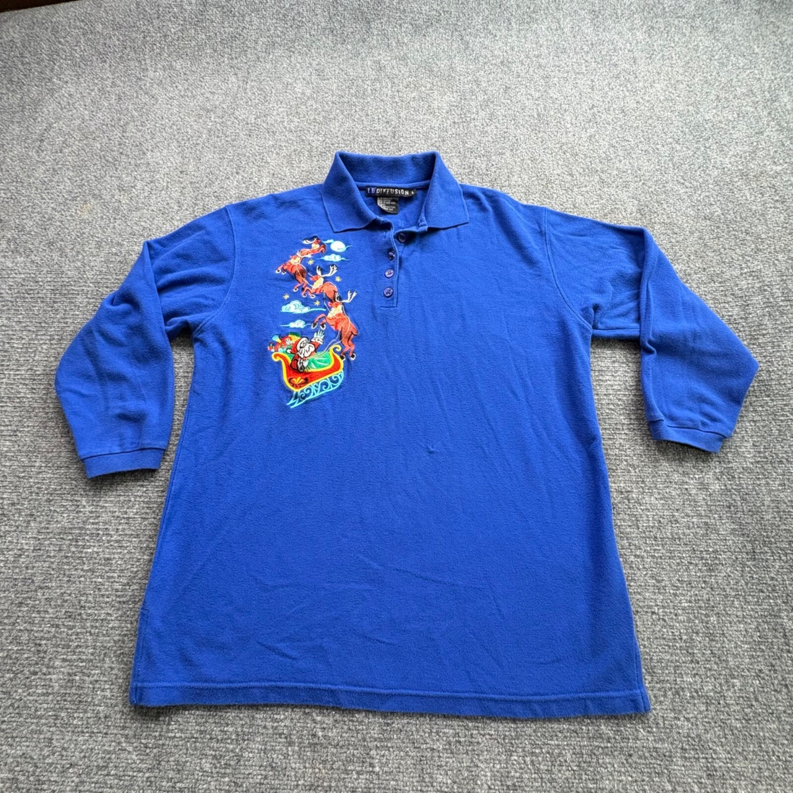 Vintage 90s Christmas Polo Shirt Women L Blue Embroidered Santa Reindeer Festive
