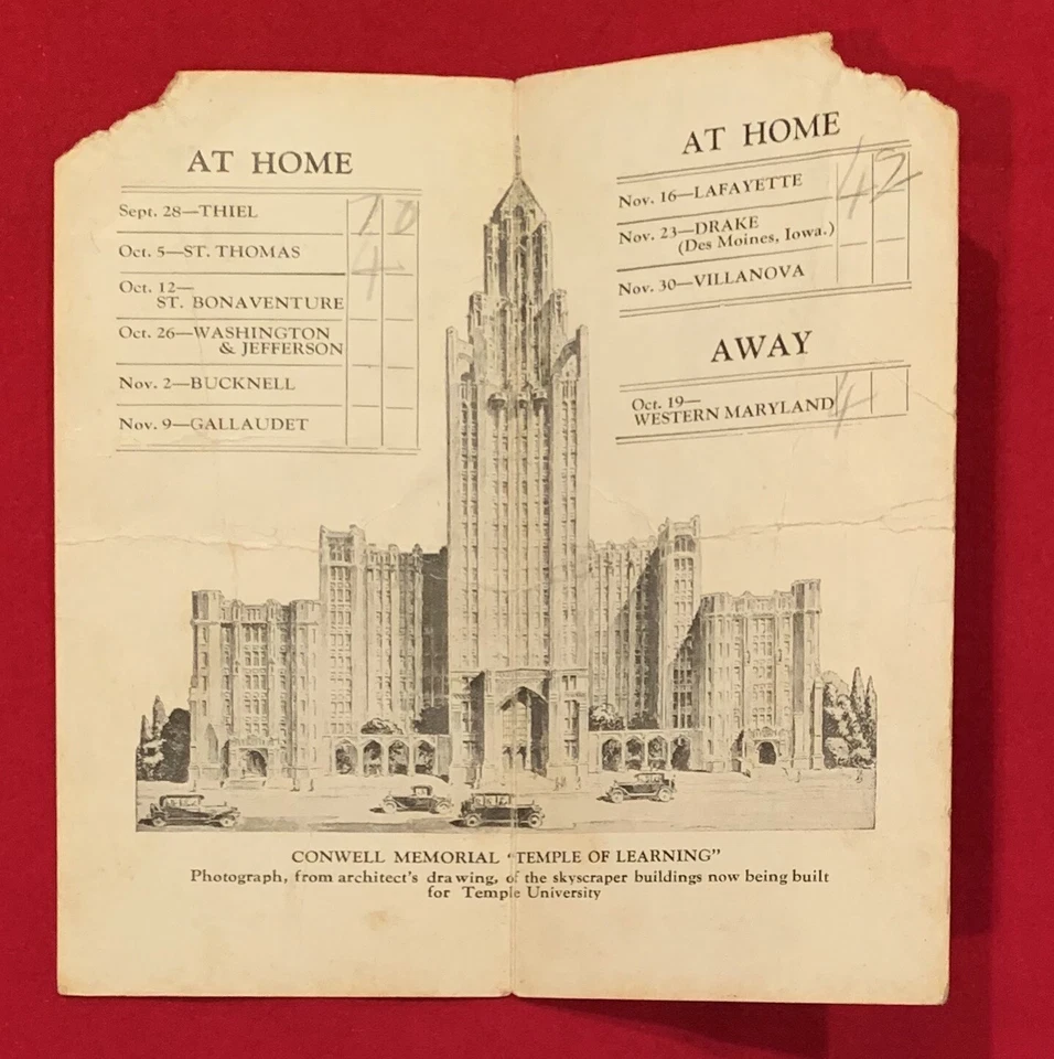 Antiguo calendario de bolsillo de fútbol americano de la Universidad del Templo de 1929 principios de la década de 1920 Filadelfia Foto 3 de 3
