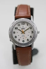 Timex Indiglo Watch Men WR Stainless St Brown Leather Light 24hr White Quartz