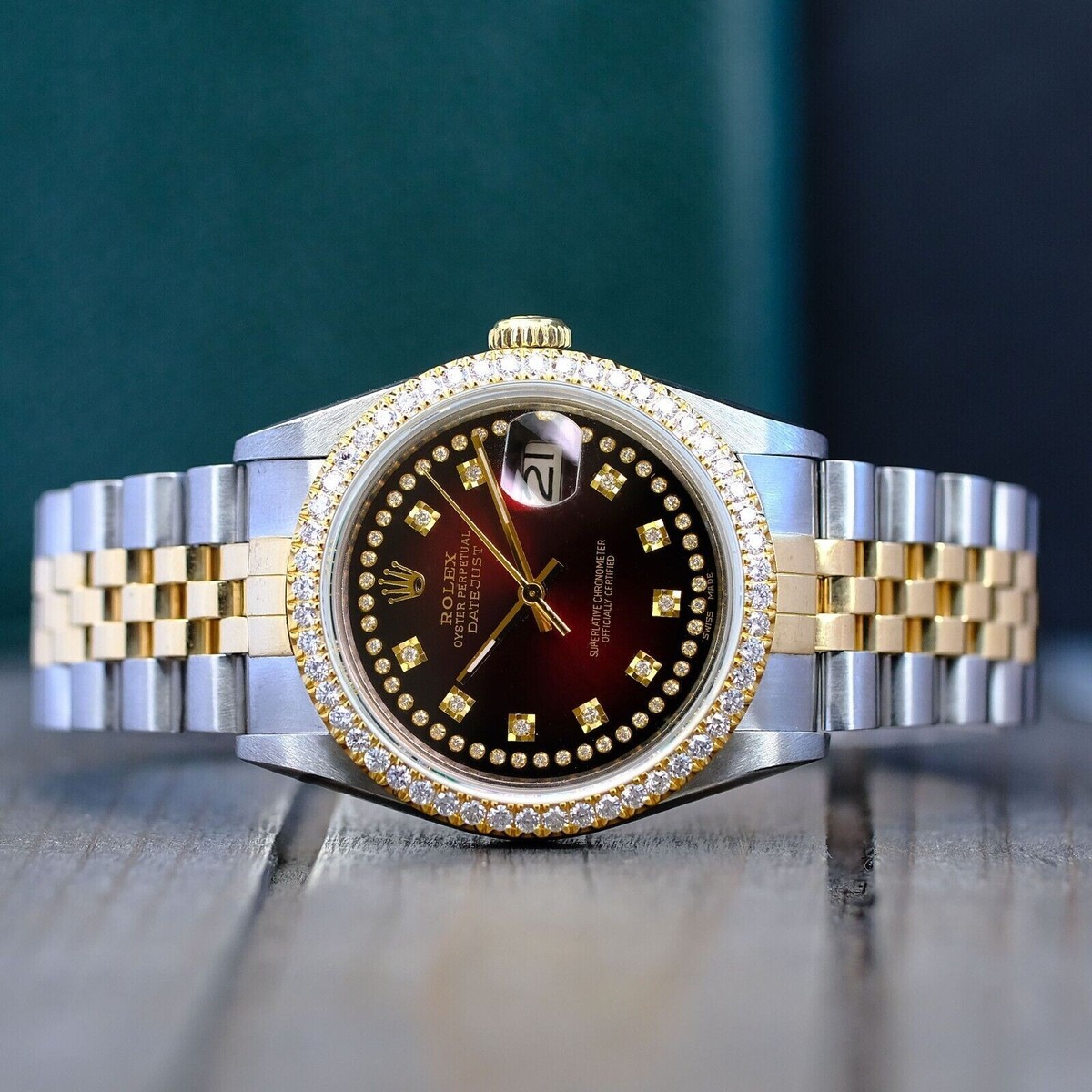 Rolex Datejust 16233 36mm Red Vignette Diamond Two-Tone 18KY SS