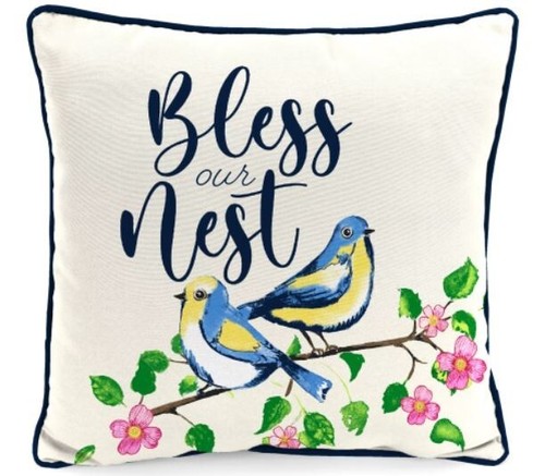 BLAUES VOGELNEST Outdoor Kissen 16 Zoll NEU USA Bless Our Nest weiß blau pink - Bild 2 von 6