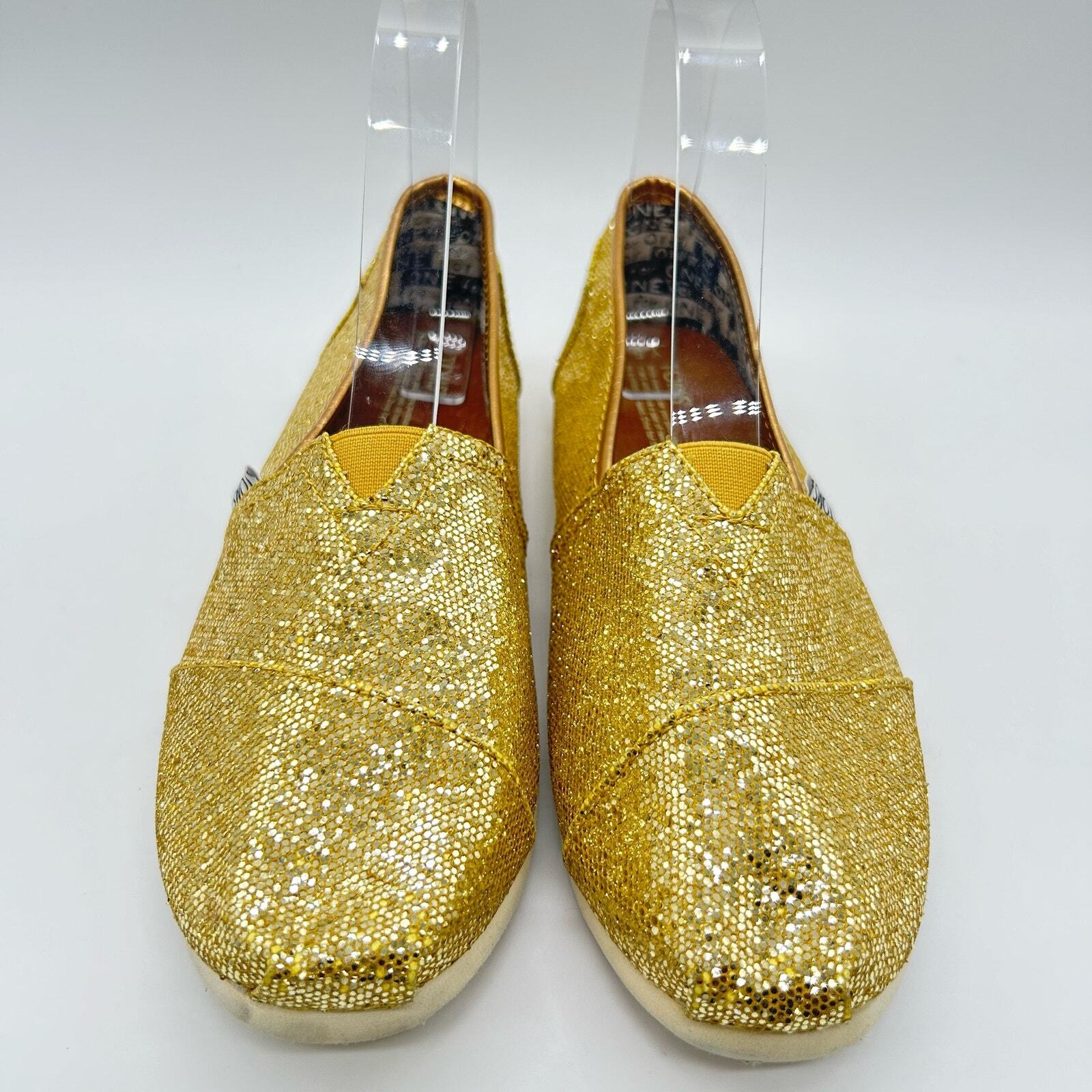 Toms Flats Womens 5 Gold Glitter Sparkly Slip On Classic Canvas Shoes-image