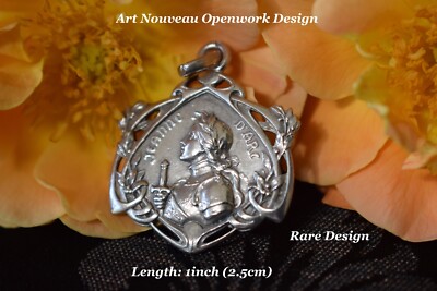 French Antique Sterling Silver St Joan of Arc Pendant Art Nouveau Medal