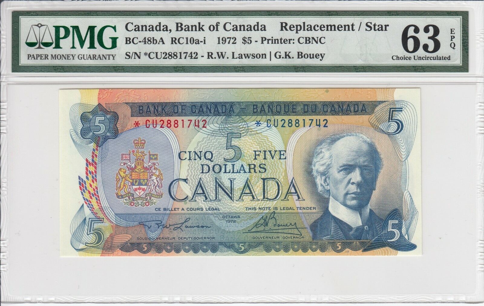 CANADA $5 DOLLARS 1972 BC48bA REPLACEMENT *CU2881742 - PMG 63 CHOICE UNC EPQ