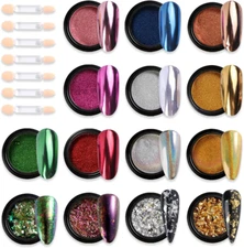 Chrome Nail Powder Set 14 Colors Pink Blue Silver Metallic Effect Mirror Powder