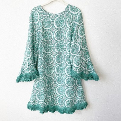 HANNAH ARTWEAR Sienna Fringed Block Print Linen Dress Rockpool Bohemian 1 / US 6