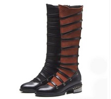 Women's Round Toe Back Zip Knight Knee High Boots Low Heels Casual Outdoor Shoes