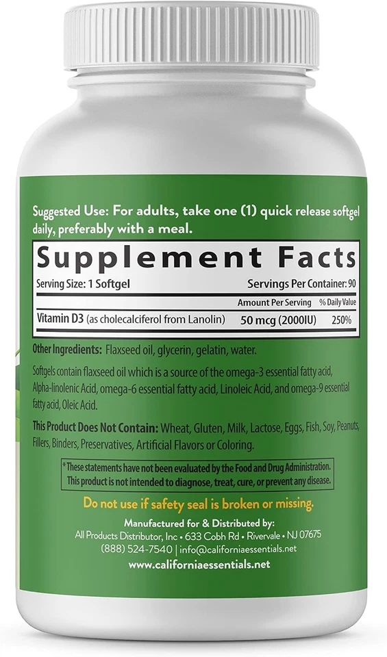 Vitamina D3 2000 UI Cápsulas Blandas Apoyo Inmunológico - Aceite de Linaza Esencial California Foto 3 de 4