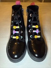 Tucker Tate Girls Combat Boots Size 2 Black Patent Lace-Up Side Zip