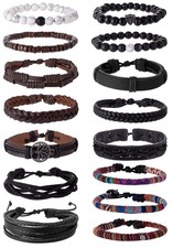 15Pcs Braided Leather Bracelet Boho Cuff Wrap String Wood Bead B:15Pcs Black