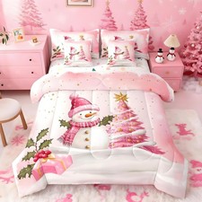 Christmas Pink Comforter Set with Sheets Christmas Tree Snowman Bed in a Bag ...
