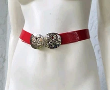 Douglas Paquette Signed Sand Dollar Belt Buckle Silver Tone Red Belt Medium 