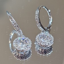 Silver Plated Round CZ Halo Leverback Dangle Earrings Prom Homecoming Bridal