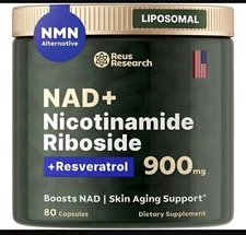 Reus Research NAD+ Nicotinamide Riboside +Resveratrol 80 900mg Caps. Exp:10/27