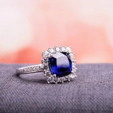 Royal Blue Cushion Cut 2.96CT Sapphire With Halo Style Shiny Engagement Ring FN