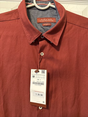 Zara Man Hemd Herren Rot Relaxed Fit Button Down Langarm Medium NEU MIT ETIKETT - Bild 2 von 3