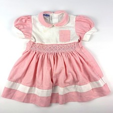 VTG Polly Flinders Dress 3T Pink White Smocked Embroidered Puff Sleeves Pocket