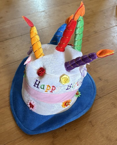 Blue Plush Happy Birthday Cake Hat - Unisex Adult Size Fancy Dress Party Hat
