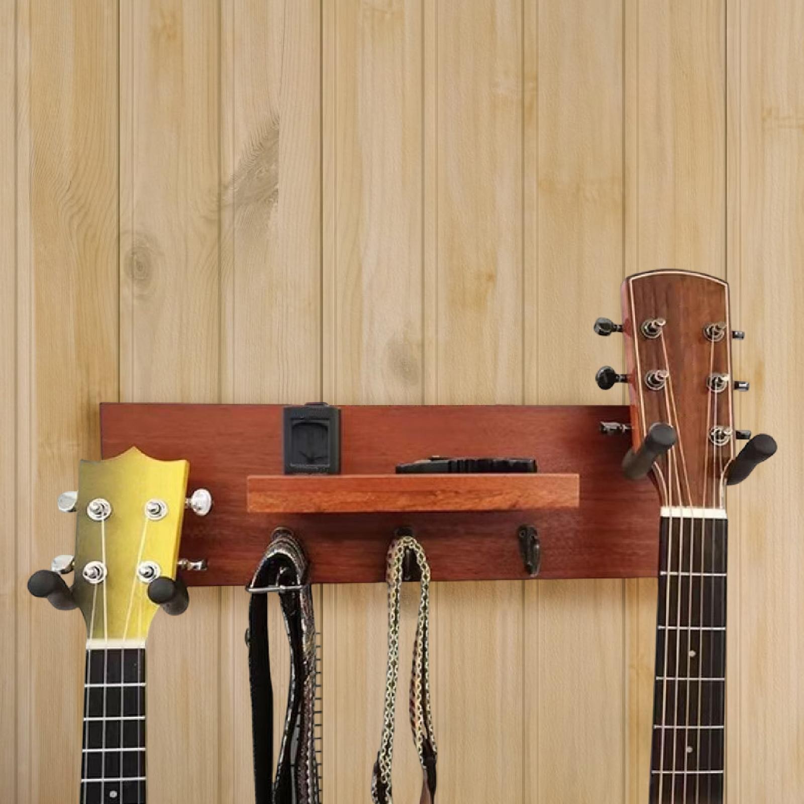 Support mural pour guitare avec crochet et étagère de rangement - Installation